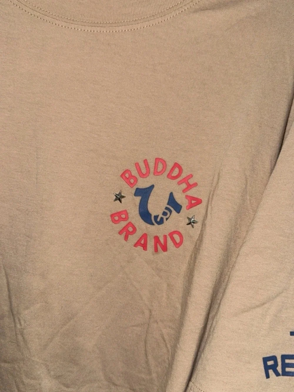 True Religion Tan Short Sleeve Tee with Red and Blue Graphic